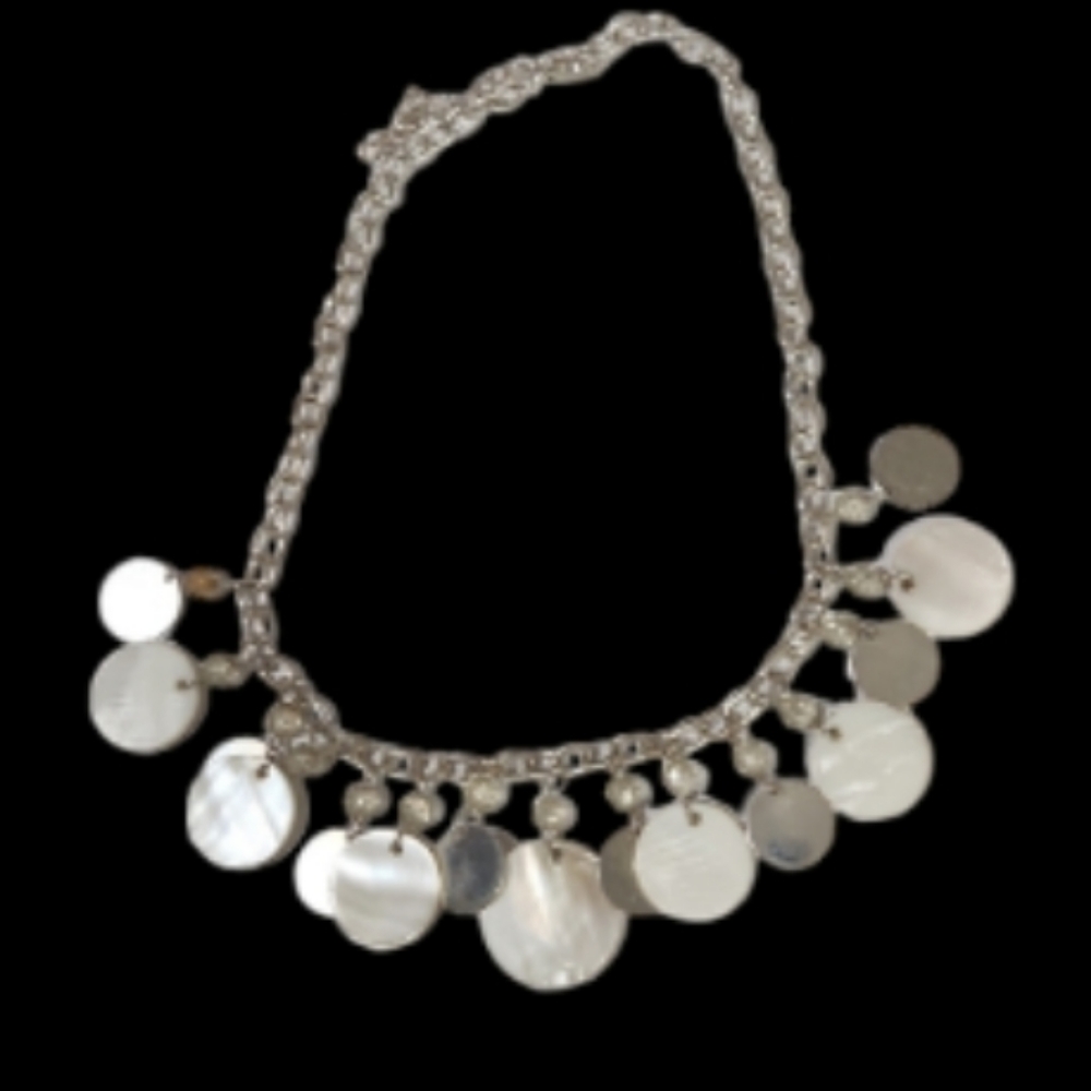 Vintage mother of pearl discs and silvertoned discs on chain with beads